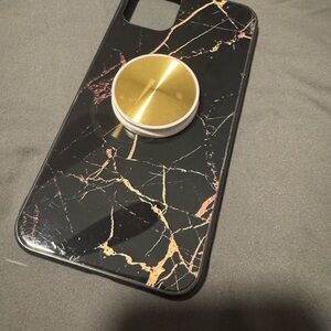 Black Marble Design Phone Case with Gold Ring Holder. For an 11 Pro Max